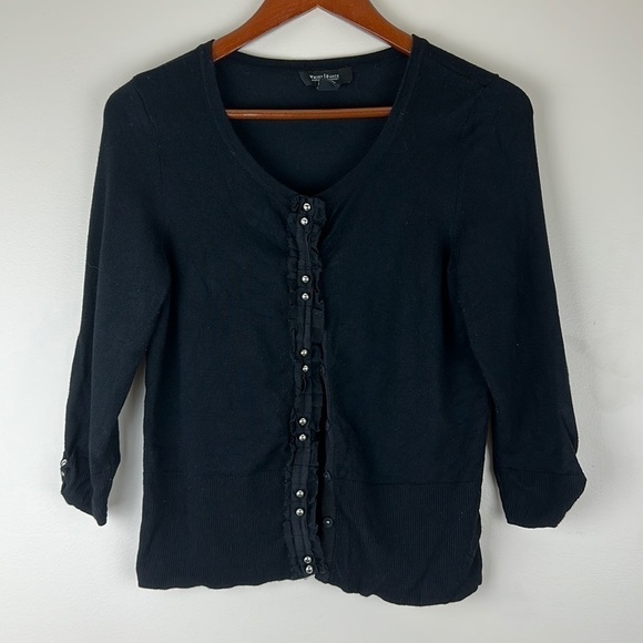 White House Black Market Woman’s Cardigan Medium Black Button Closure Ruffle - Picture 1 of 5